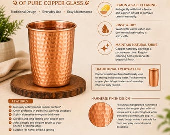 Vaso de agua / Taza ayurvédica de cobre 100% puro martillado a mano