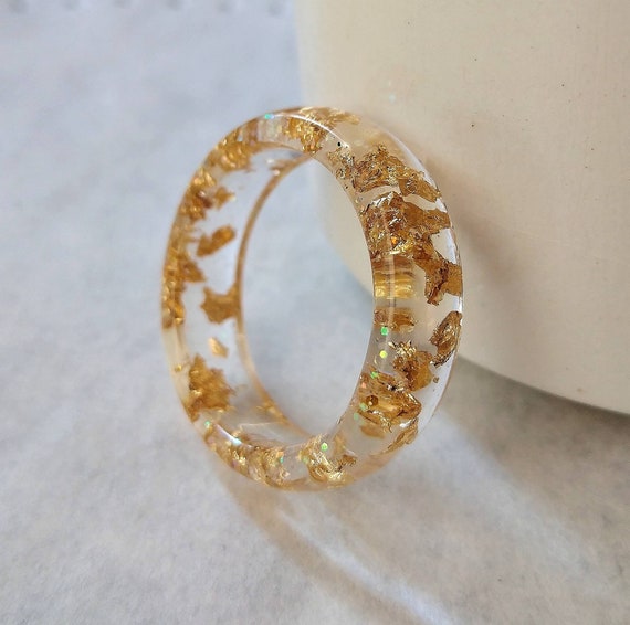 Gold Flake Resin Ring Transparent Ring Delicate Ring Resin Gold Flakes Ring Rainbow Glitter Resin Ring Gold Resin Ring Resin Ring Handmade