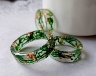 Moss Ring Moss and Gold Flake Ring Green Resin Ring Transparent Ring Nature Ring Plant Ring Forest Ring Botanical Ring Real Moss Resin Ring