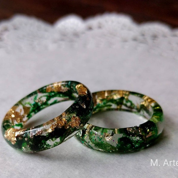 Echte Mos Ring Groene Ring Gouden Hars Ring Gouden Flake Hars Ring Natuur Ring Ring voor vrouwen Terrarium Botanische Ring Plant Ring Handgemaakte Ring