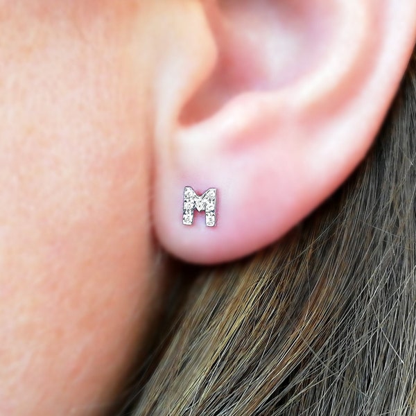 Diamond initial stud earrings 18k solid gold, letter earrings