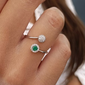 Emerald halo engagement ring 18k white Gold, Open ring
