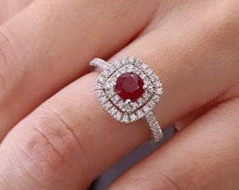 Round Ruby halo engagement ring 18k white Gold, Cushion cut ring, Diamond ring
