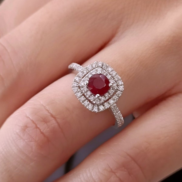 Round Ruby halo engagement ring 18k white Gold, Cushion cut ring, Diamond ring