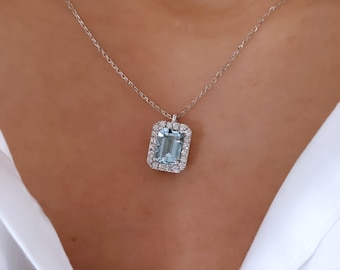Halskette aus Aquamarin und Diamanten, 18 Karat Weißgold, Aquamarin im Smaragdschliff