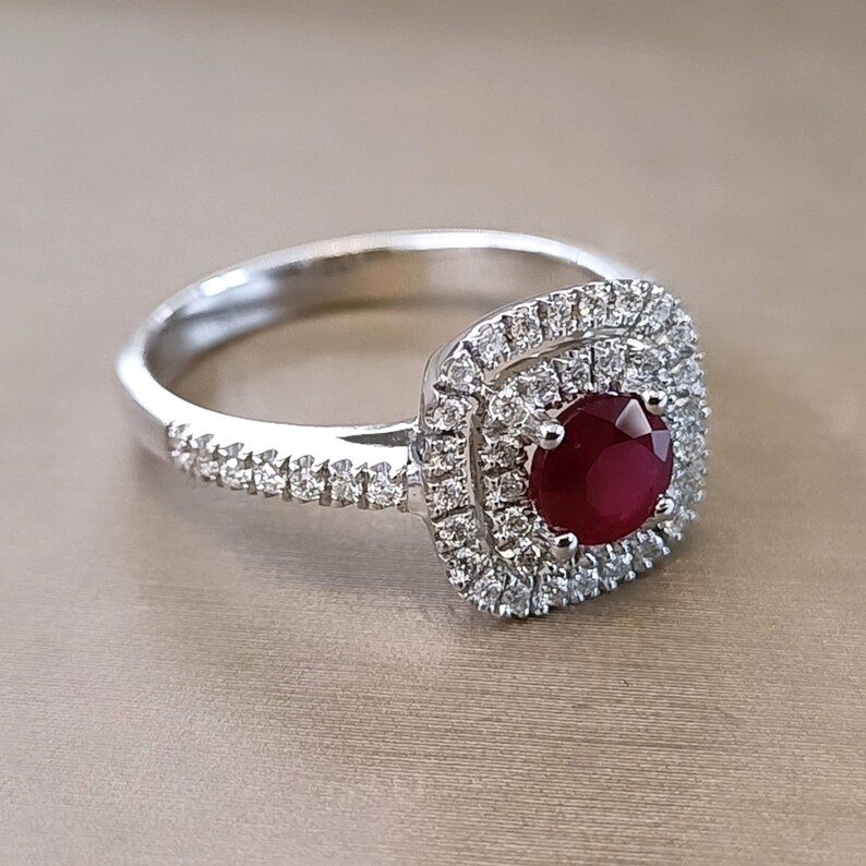 Round Ruby halo engagement ring 18k white Gold, Cushion cut ring, Diamond ring image 4