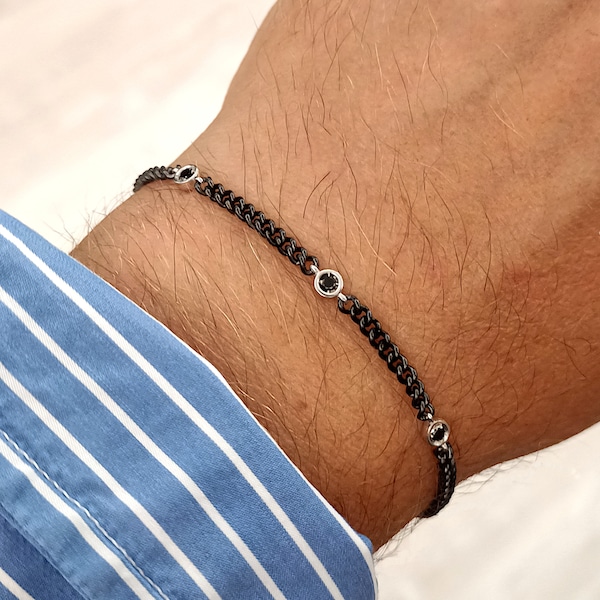 Bracelet Homme Diamants Noirs, Bracelet Homme Or 18K, Bracelet Homme Acier Noir