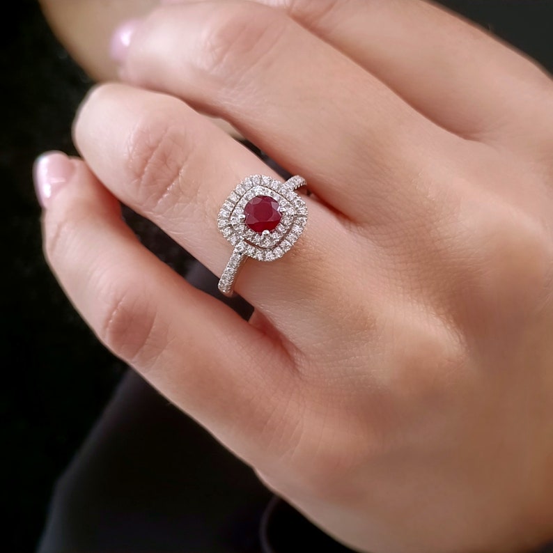 Round Ruby halo engagement ring 18k white Gold, Cushion cut ring, Diamond ring image 7