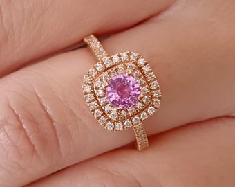 Anello Zaffiro Rosa oro rosa 18k, Anello Zaffiro e Diamanti, Anello taglio cuscino, Anello di fidanzamento Zaffiro rosa