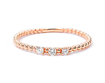Beaded gold ring with diamonds, 9k rose gold
