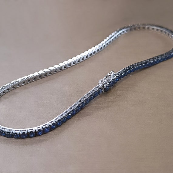 メンズ テニス ブレスレット ブルー サファイア 18K ホワイト ゴールド