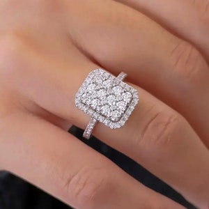 Pave Diamond ring 18k white Gold, Emerald cut engagement ring, Solitaire ring