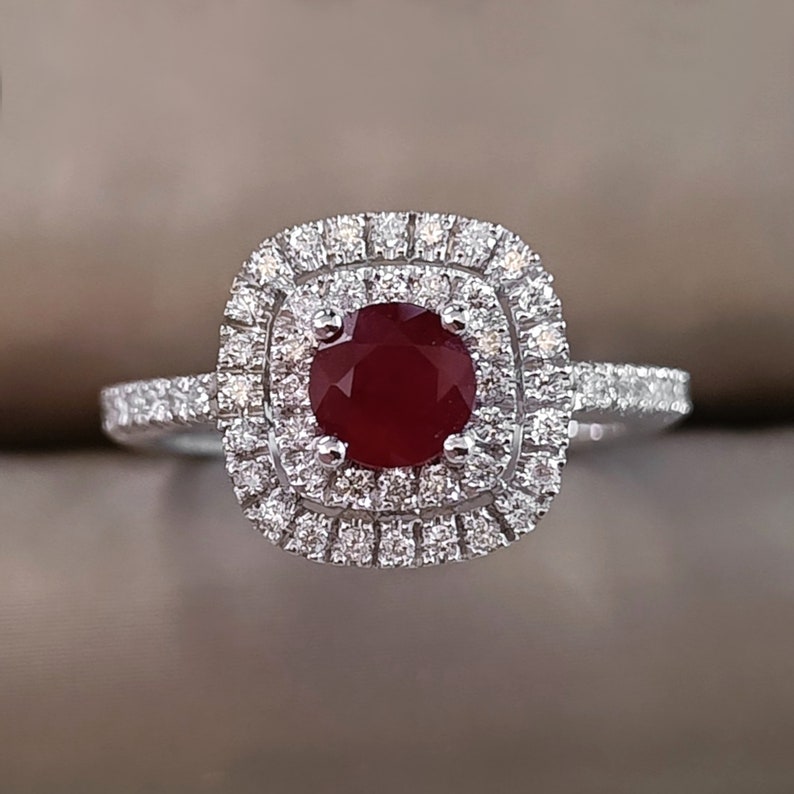Round Ruby halo engagement ring 18k white Gold, Cushion cut ring, Diamond ring image 2