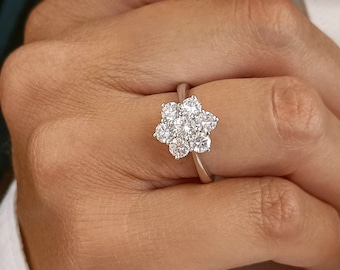 Diamond Floral Cluster Ring 18k White Gold, Flower Diamond Ring