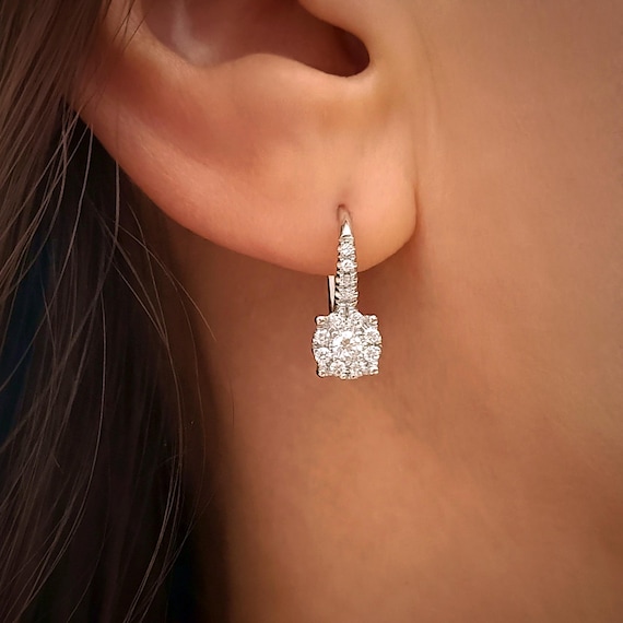 Pave Diamond Leverback Earrings in 18k White Gold Dangle Hoop Earrings Etsy Canada