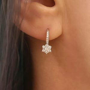 Pavè Diamond leverback earrings in 18k white Gold, Dangle hoop earrings, Flower earrings
