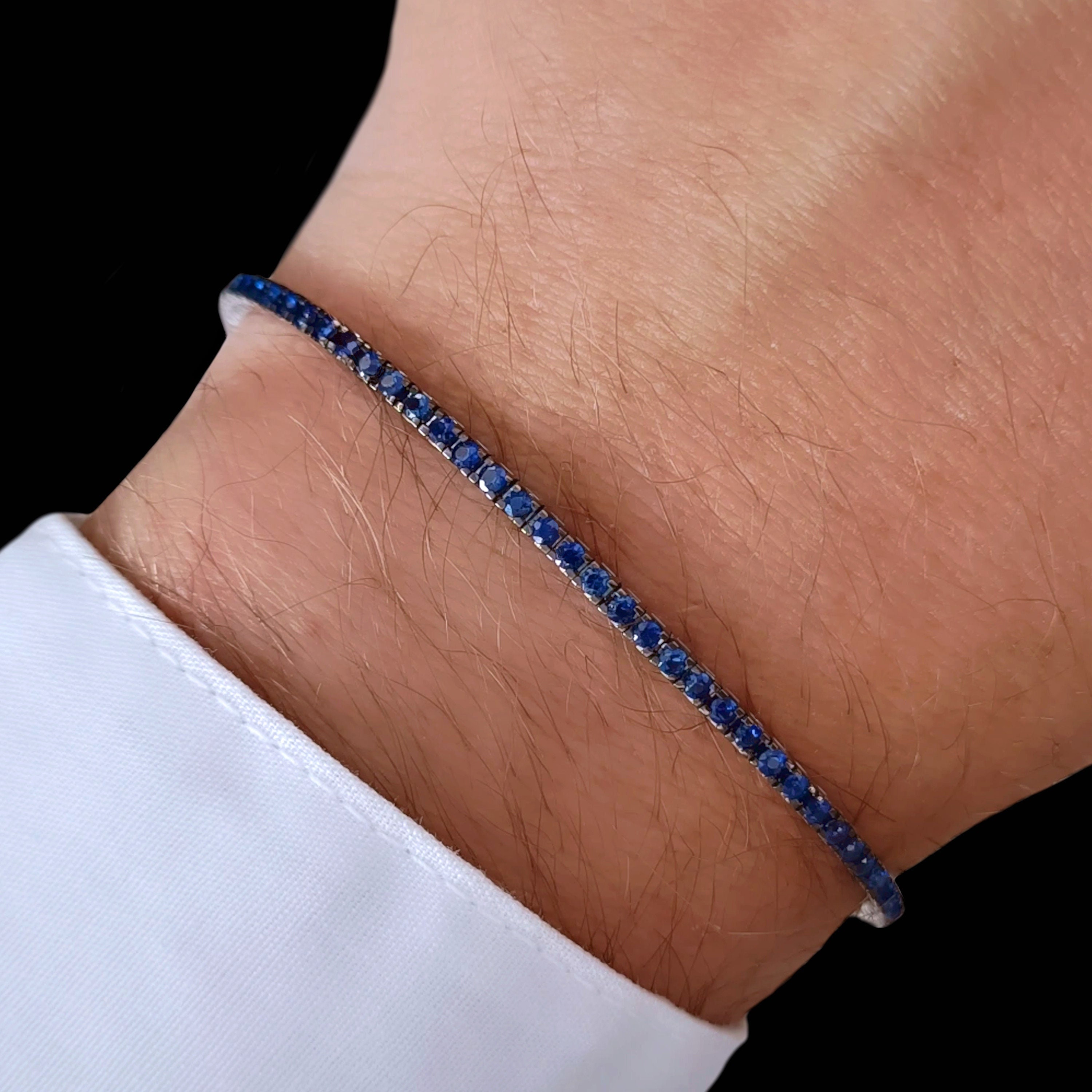 メンズ テニス ブレスレット ブルー サファイア 18K ホワイト