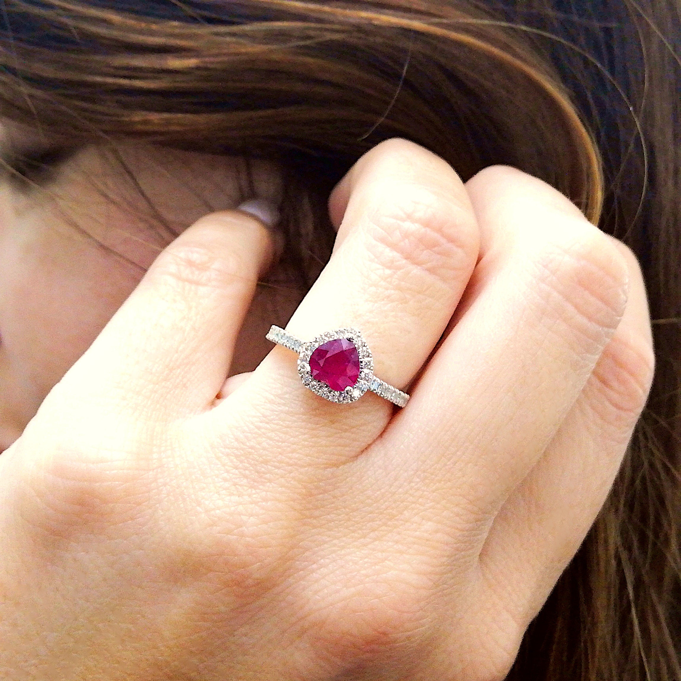 Ruby Halo Engagement Ring in 18k White Gold, Ruby Heart Ring - Etsy