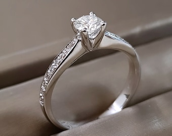 Certified round Diamond solitaire ring 18k white Gold, 4 prong real Diamond ring