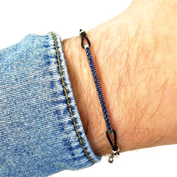 Mens blue sapphire tennis bracelet 18k gold, adjustable bracelet