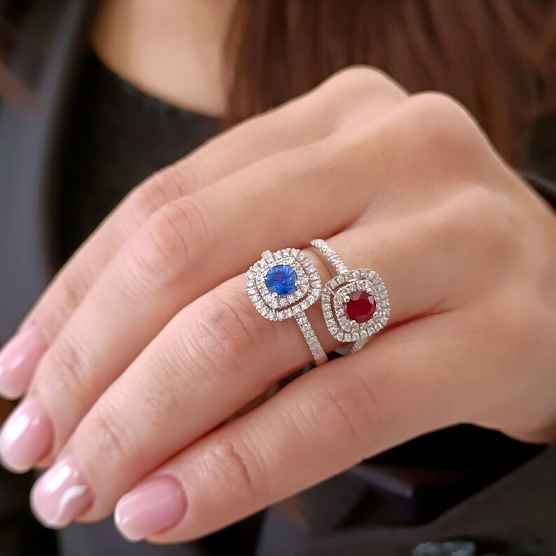 Round Ruby halo engagement ring 18k white Gold, Cushion cut ring, Diamond ring image 9