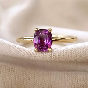Cushion cut purple Garnet ring 18k yellow Gold, Malaya Garnet ring