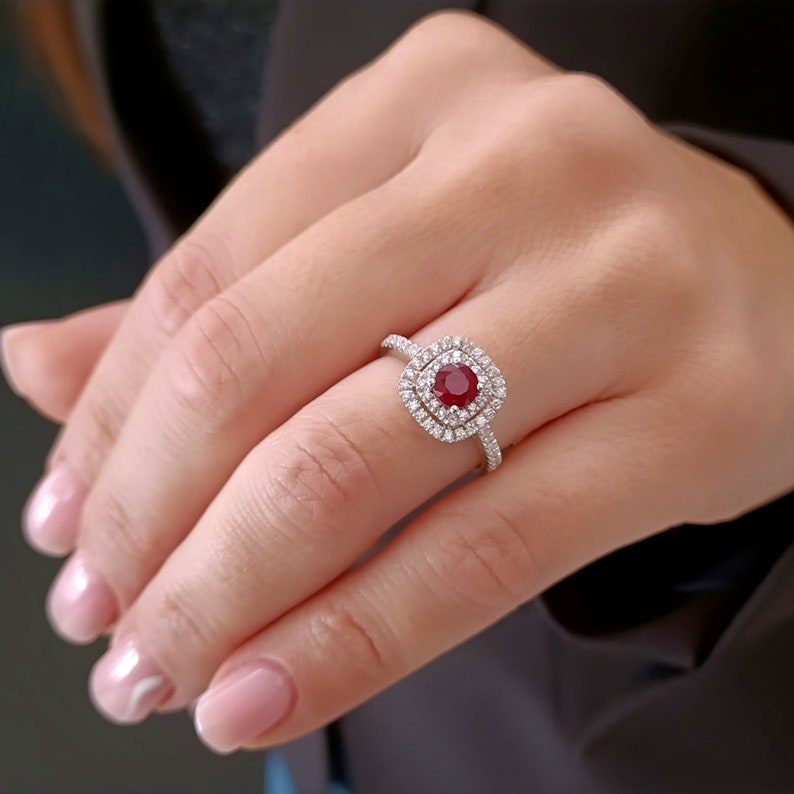 Round Ruby halo engagement ring 18k white Gold, Cushion cut ring, Diamond ring image 6