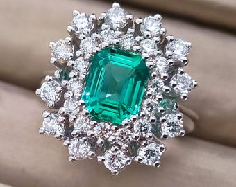 Emerald cut Emerald engagement ring in 18k white Gold, Diamond halo ring