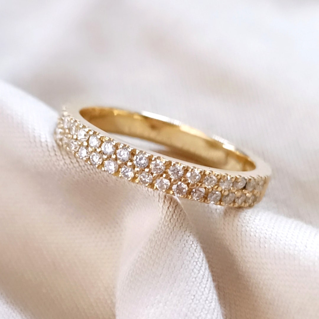 Diamond Half Eternity Band 18k Gold, Double Band Ring, Wedding Bands ...
