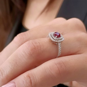 Round Ruby halo engagement ring 18k white Gold, Cushion cut ring, Diamond ring image 8