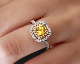 Anello Zaffiro giallo e Diamanti Oro bianco 18k, Anello taglio cuscino