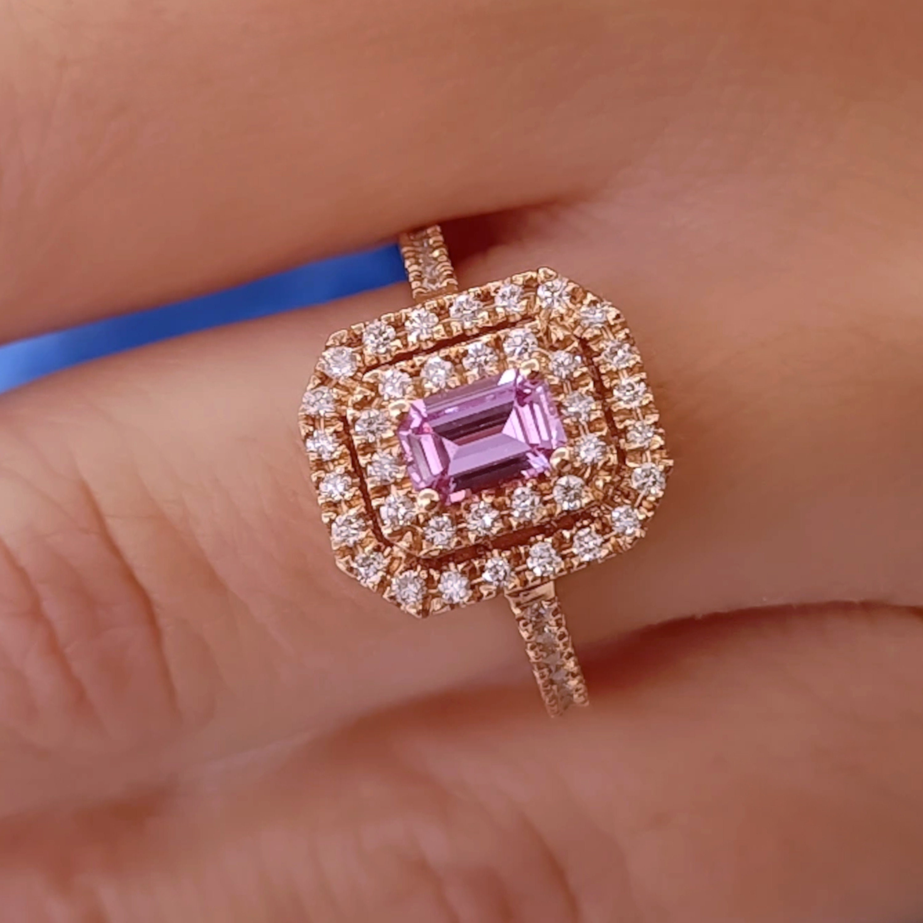 Pink Sapphire Halo Engagement Ring 18k Rose Gold, Emerald