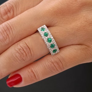 Emerald Diamond ring band in 18k white gold, Emerald wedding band, pave Diamond ring