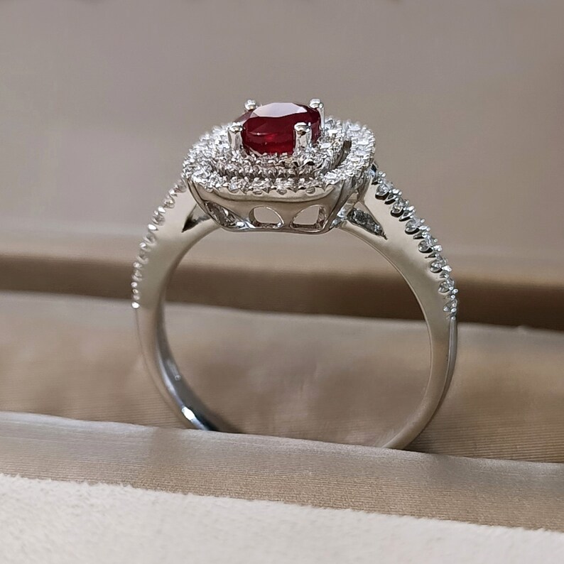 Round Ruby halo engagement ring 18k white Gold, Cushion cut ring, Diamond ring image 3