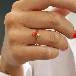 Coral and Diamond ring in 18k Gold, Red Coral cluster ring, Delicate ring