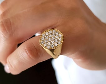Anillo de sello para el meñique de mujer en oro amarillo de 18 quilates, anillo de sello para mujer, anillo de diamantes pavé
