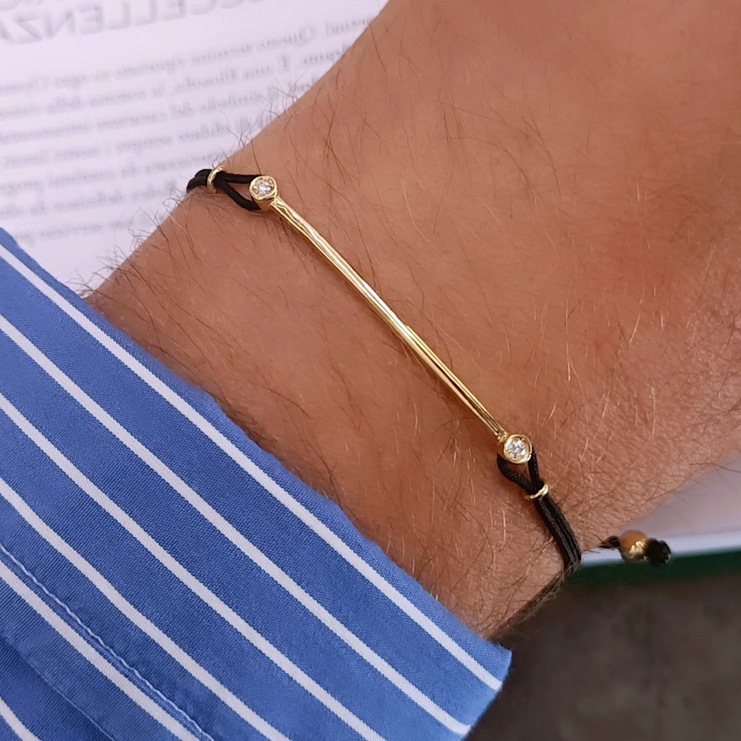 String Bracelet With Diamond 18k Gold, Mens Tennis Bracelet, Bar