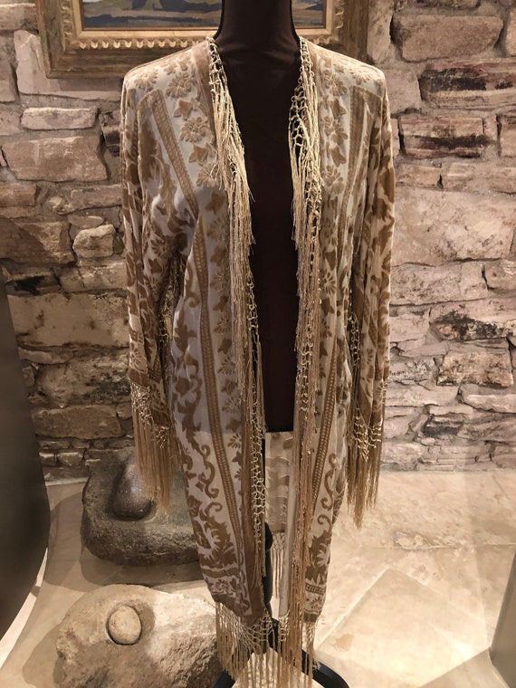 1920s Style Long Burnout Kimono With Silk Fringe