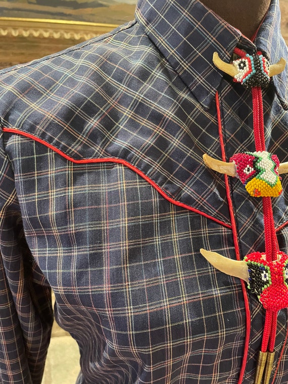 Adorable Vintage Karman Plaid Western Shirt With Red Piping Size S 