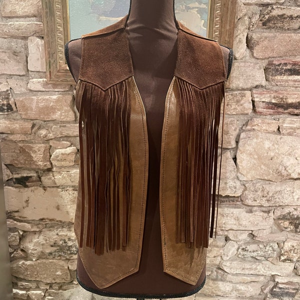 Unusual Western Vintage 2-toned Handmade Leather & Suede Fringed Vest Size XS/S