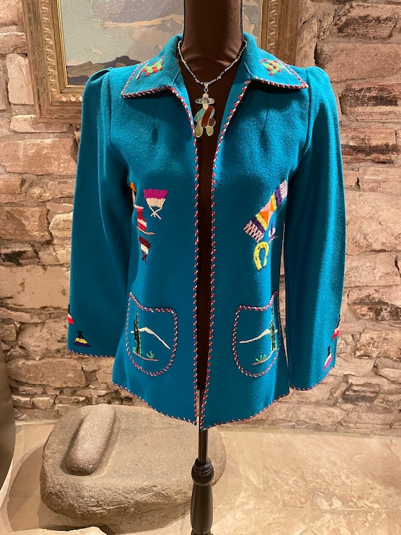 Bright 1950s Turquoise Mexican Embroidered Jacket… - image 2