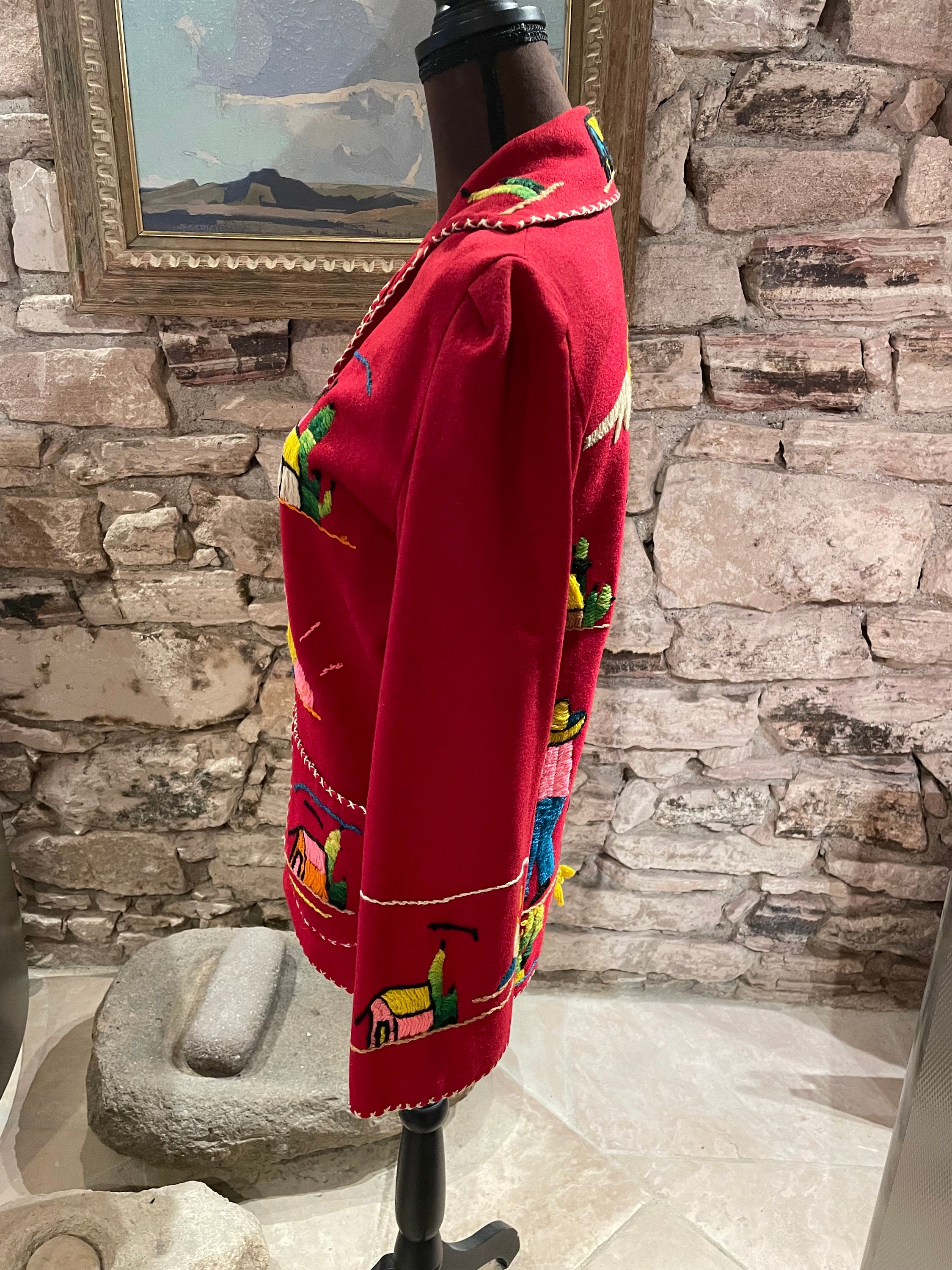 1950s Lovely Vintage Red Embroidered Wool Felt Mexican Jacket Size