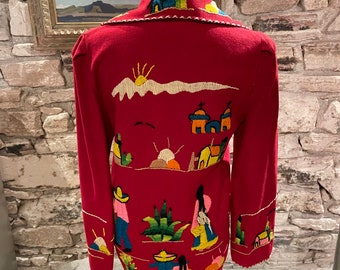 Lovely Vintage Red Embroidered Wool Felt Mexican Jacket Size S