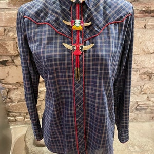 Adorable Vintage Karman Plaid Western Shirt with Red Piping Size S