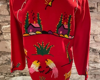 1950s Beautifully Embroidered Red Mexican Tourist Jacket Size S/M