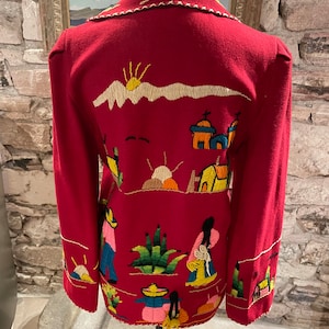 1950s Lovely Vintage Red Embroidered Wool Felt Mexican Jacket Size S