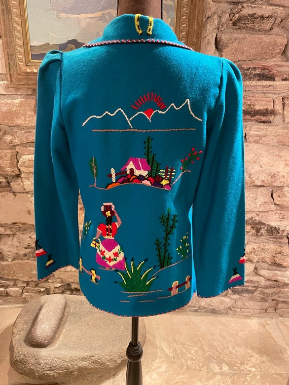 Bright 1950s Turquoise Mexican Embroidered Jacket… - image 1