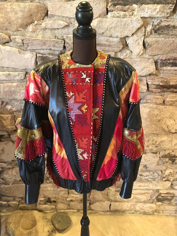 Black Leather Jacket With Vintage Tribal Kilim, Si