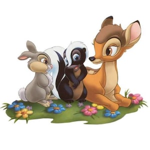 May include: A cartoon illustration of Bambi the deer, Thumper the rabbit, and Flower the skunk. The three friends are standing together on a green grassy field with colourful flowers.