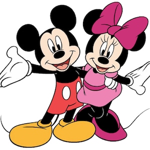 May include: Mickey Mouse and Minnie Mouse cartoon characters. Mickey is wearing red shorts and yellow shoes. Minnie is wearing a pink dress and pink shoes with a pink bow in her hair.